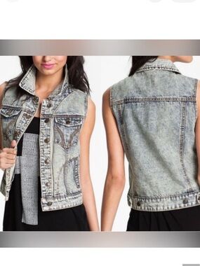 Vintage Acid Washed Denim Vest Jacket with Pockets size M